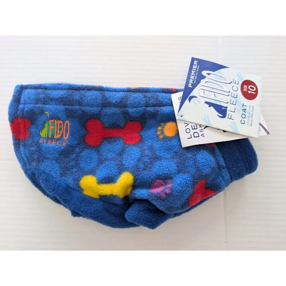 Fido Fleece Dog Coat Size 10 Blue Bone Print Made In USA Warm Winter Pet Jacket